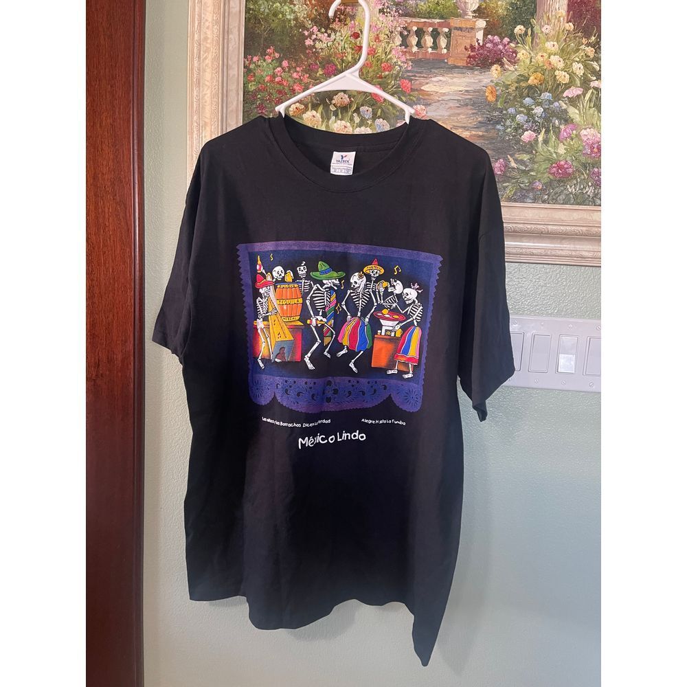 YAZBEK Mexico Lindo Day Of The Dead Skulls Black Men's T-Shirt Size XL Used